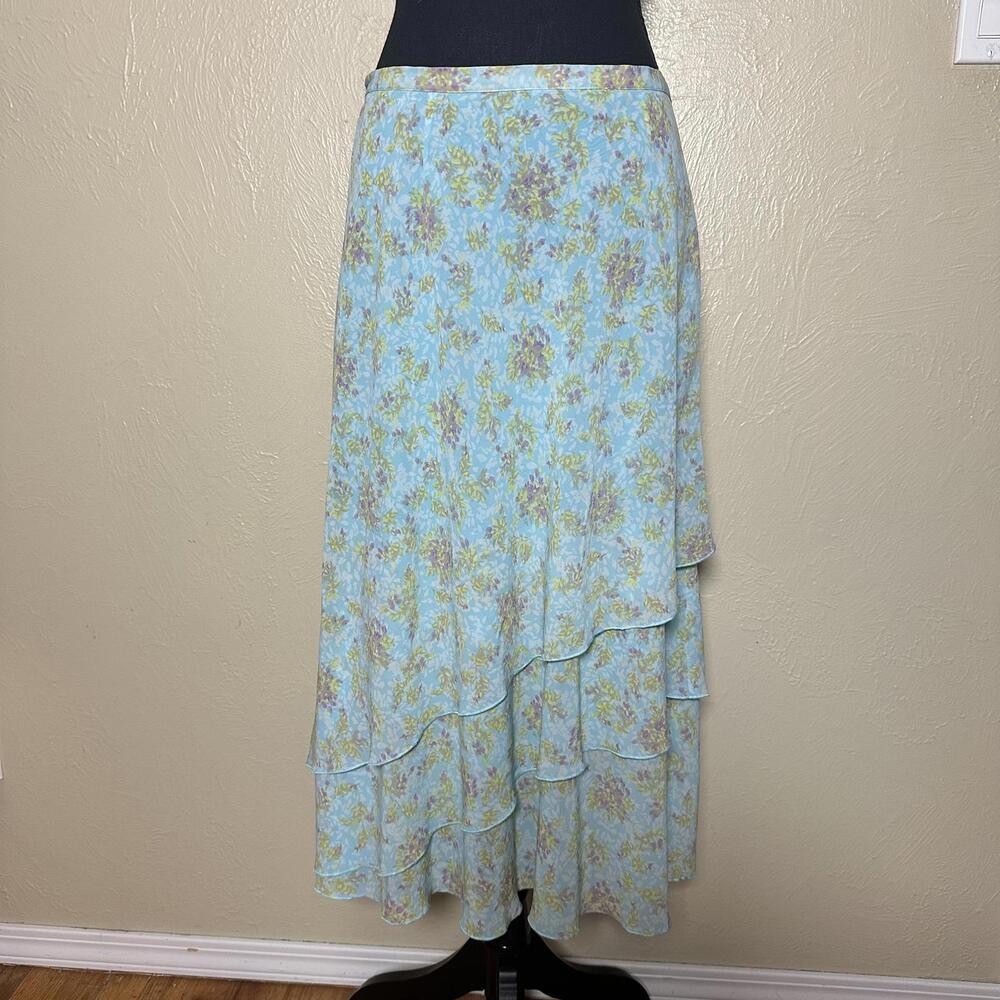 Y2K Cottagecore Floral Chiffon Asymmetrical Tiered Midi Skirt Soft Blue 10